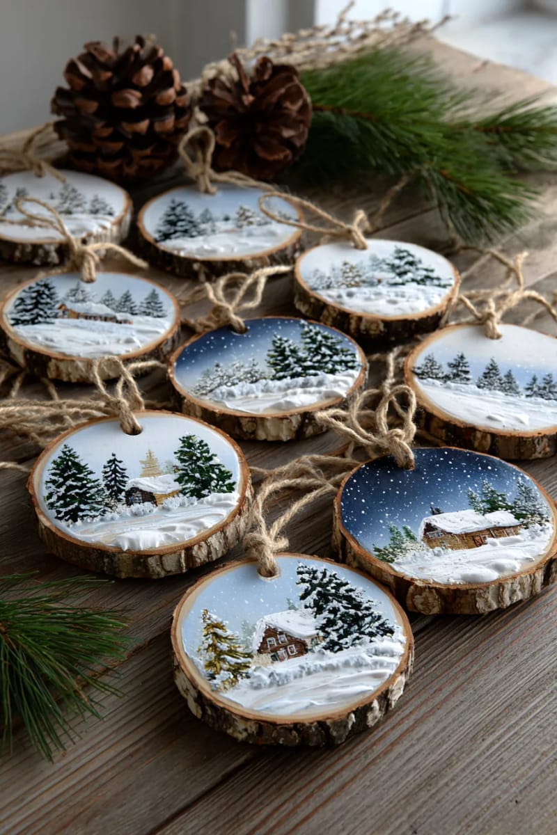 hand-painted wood slice ornaments with winter woodland scenes 1