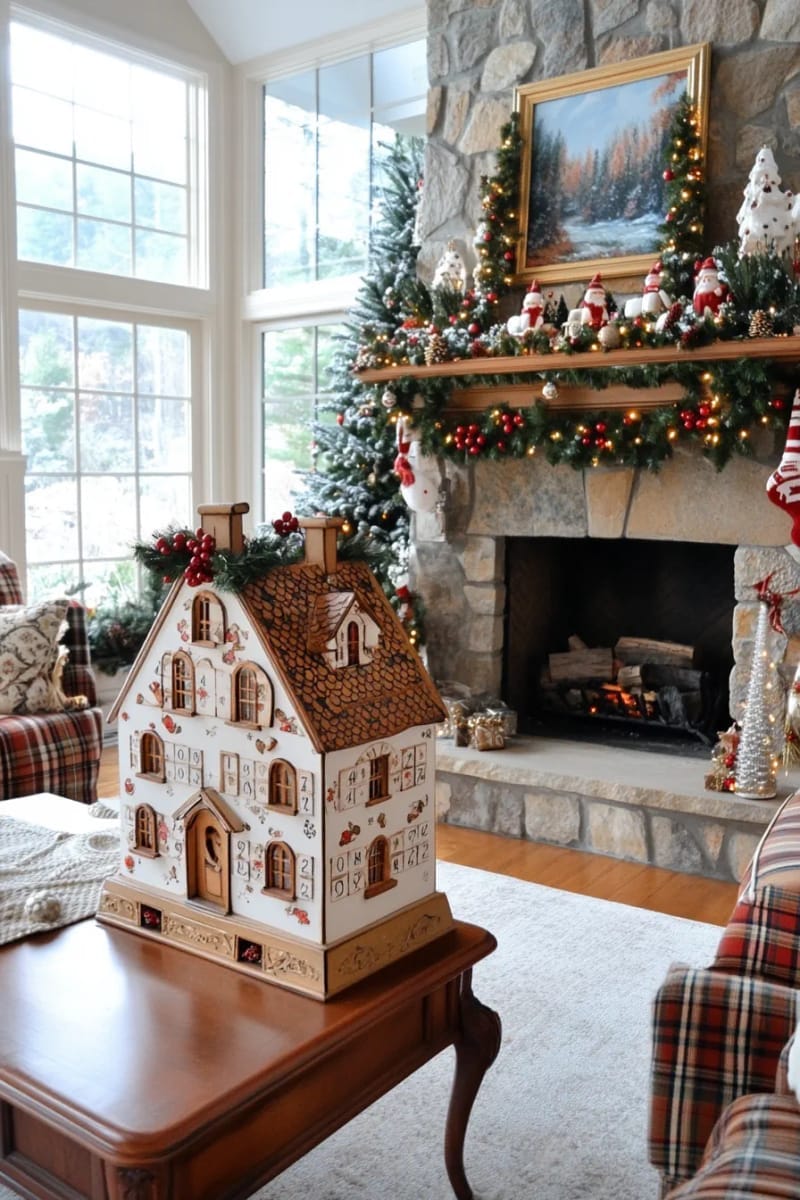 27 Vintage Christmas Decorations You'll Love 42 hand-painted wooden advent calendar shaped like a snowy cottage 1