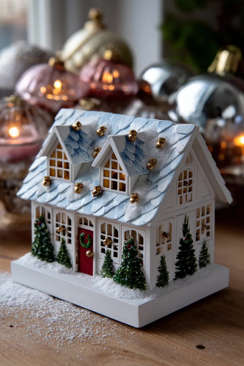 27 Vintage Christmas Decorations You'll Love 43 hand-painted wooden advent calendar shaped like a snowy cottage 1