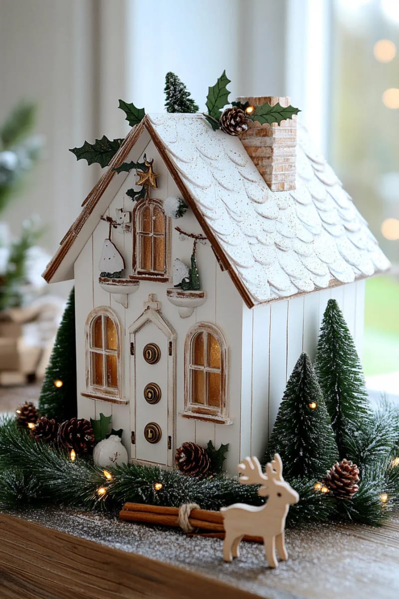 27 Vintage Christmas Decorations You'll Love 44 hand-painted wooden advent calendar shaped like a snowy cottage 1