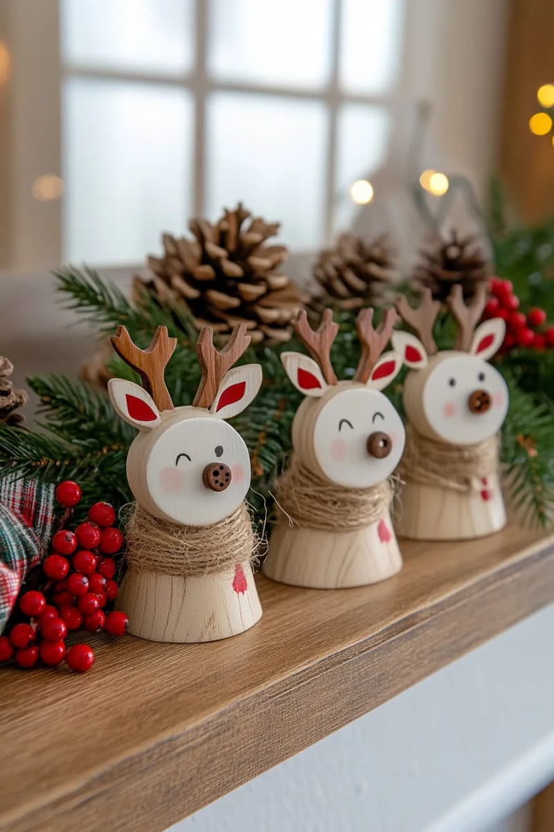 hand-painted wooden reindeer with twine scarves and button noses 1