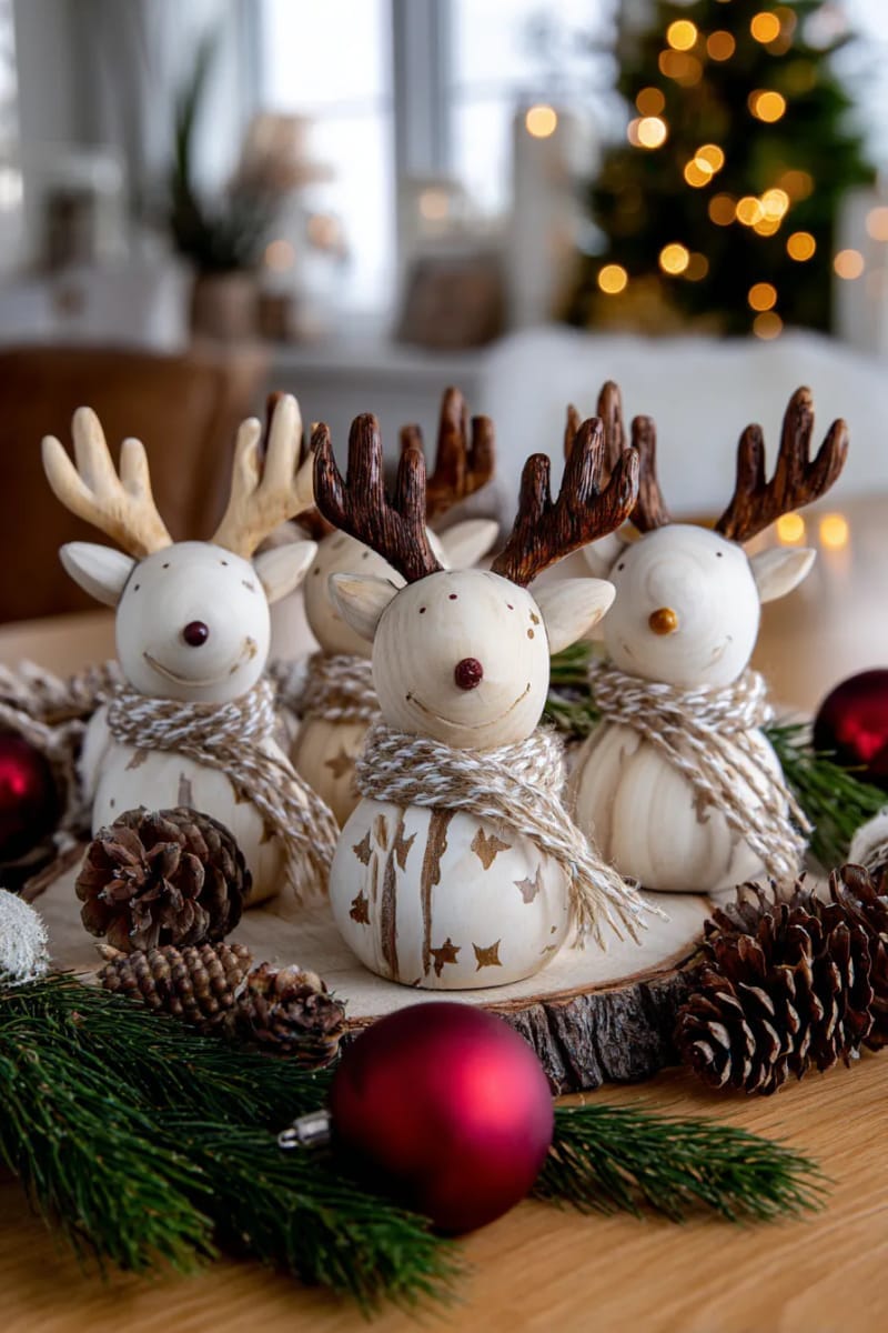 hand-painted wooden reindeer with twine scarves and button noses 1