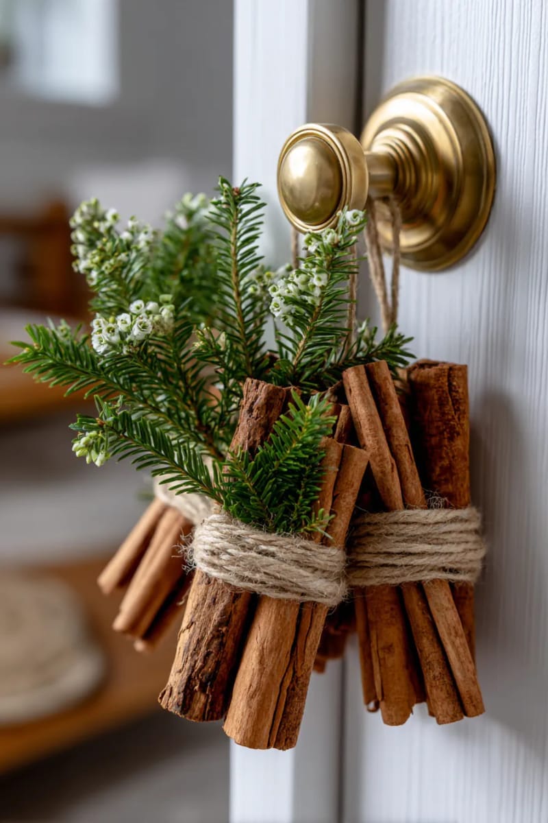 29 Inspiring Natural Christmas Decor Ideas for Modern Homes 39 hand-tied bundles of cinnamon sticks and fir sprigs for doorknob decor 1