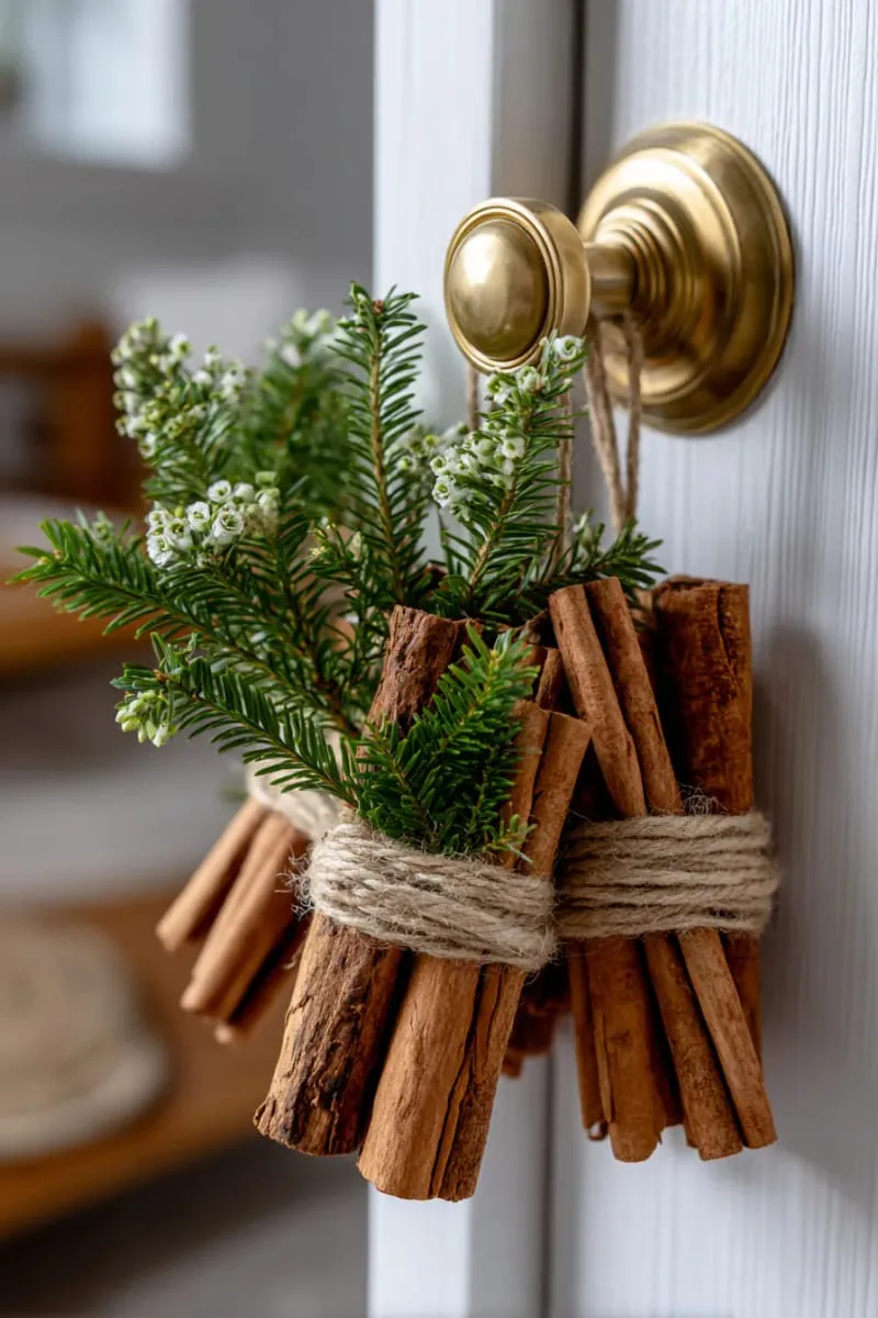hand-tied bundles of cinnamon sticks and fir sprigs for doorknob decor 1