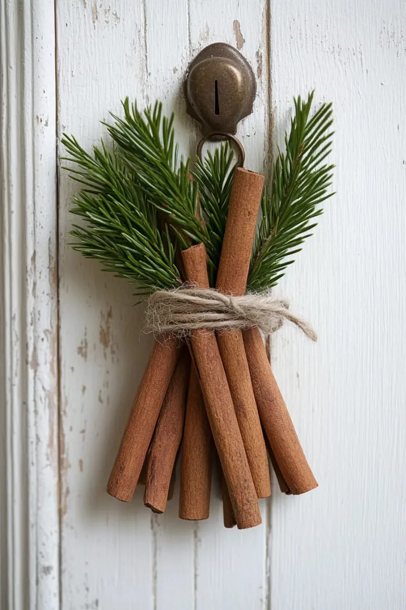 hand-tied bundles of cinnamon sticks and fir sprigs for doorknob decor 1