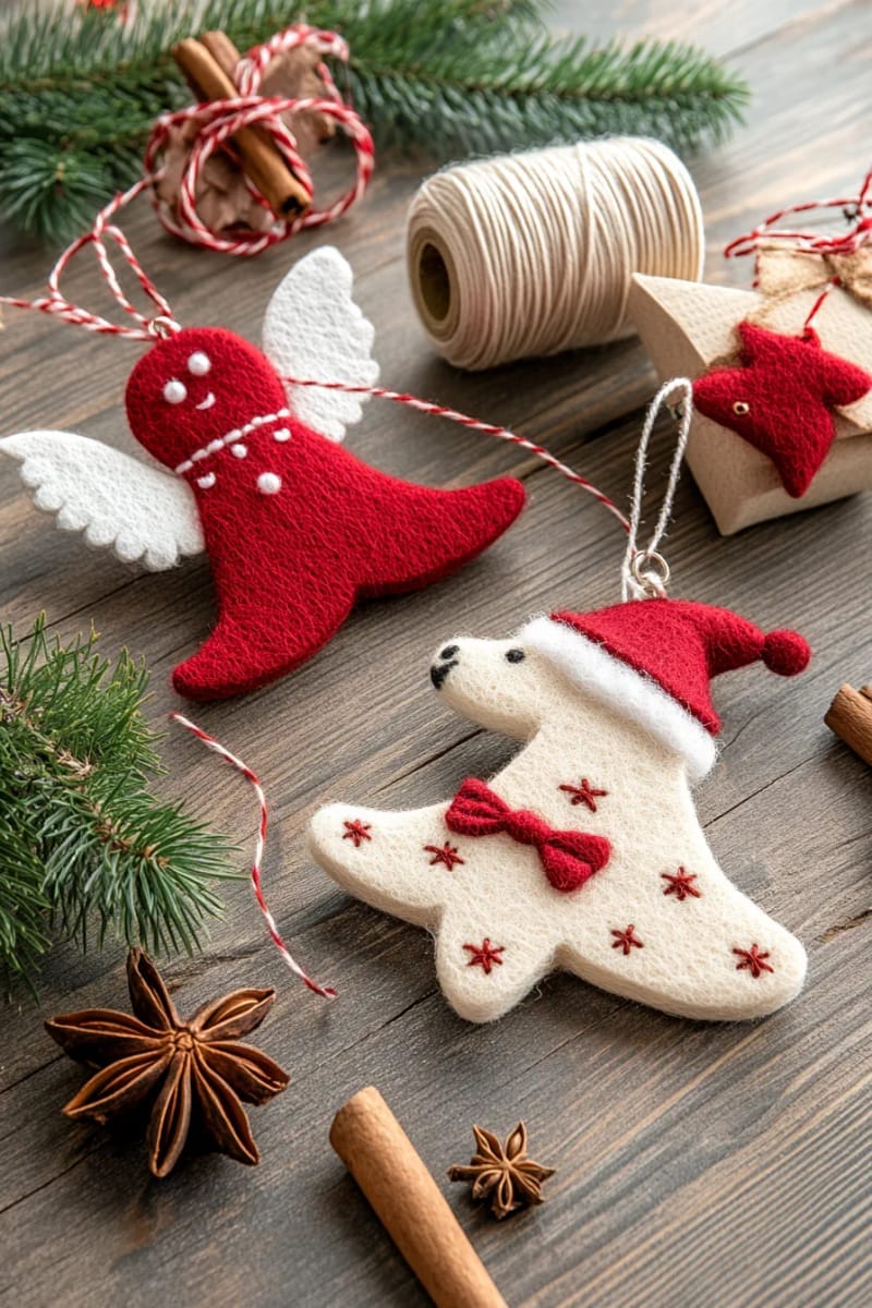 27 Vintage Christmas Decorations You'll Love 52 handmade felt ornaments in shapes of bells, angels, and rocking horses 1