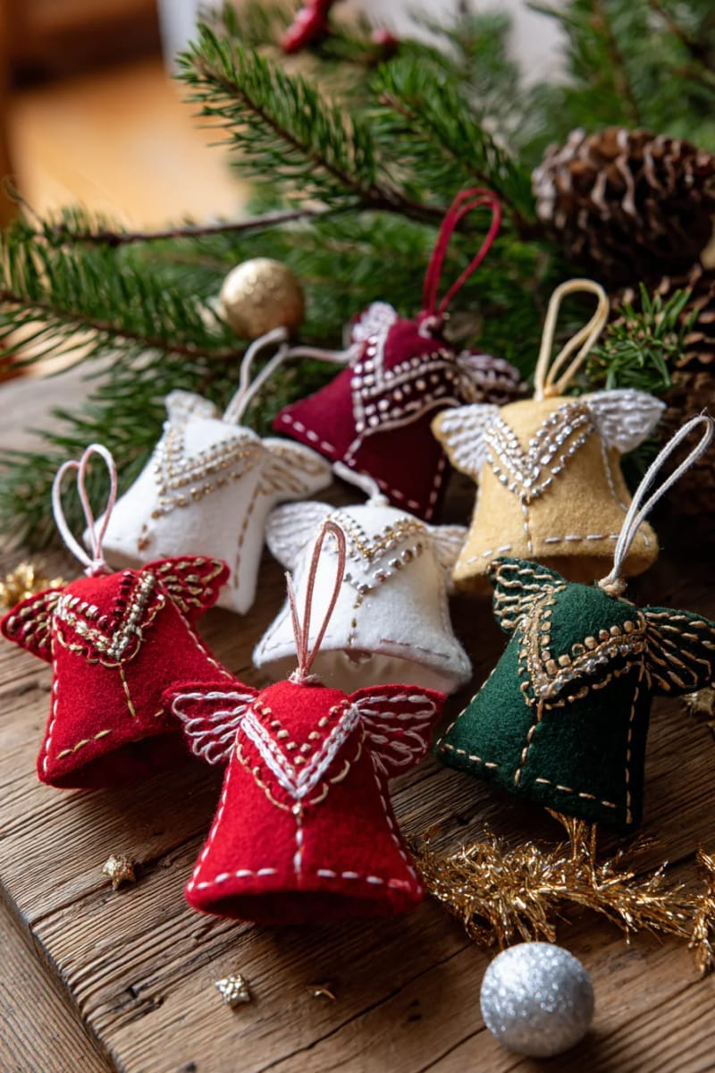 27 Vintage Christmas Decorations You'll Love 53 handmade felt ornaments in shapes of bells, angels, and rocking horses 1