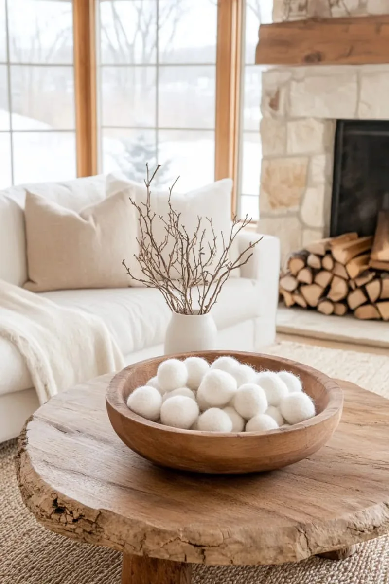 handmade felted wool snowballs in decorative wooden bowl 1