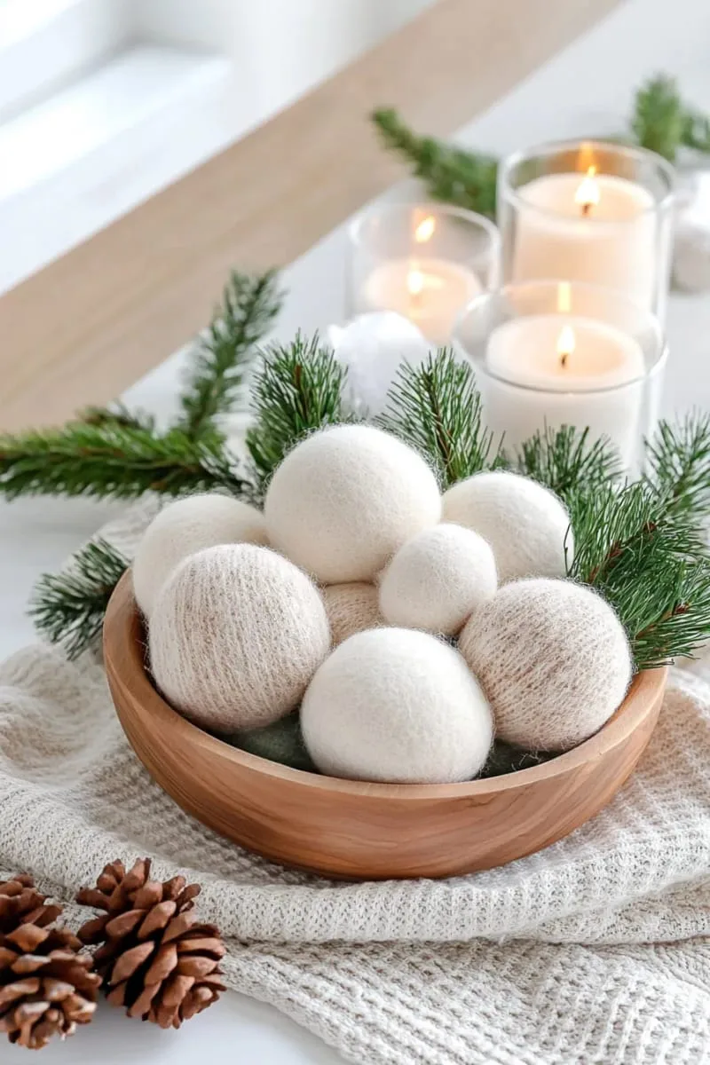 handmade felted wool snowballs in decorative wooden bowl 1