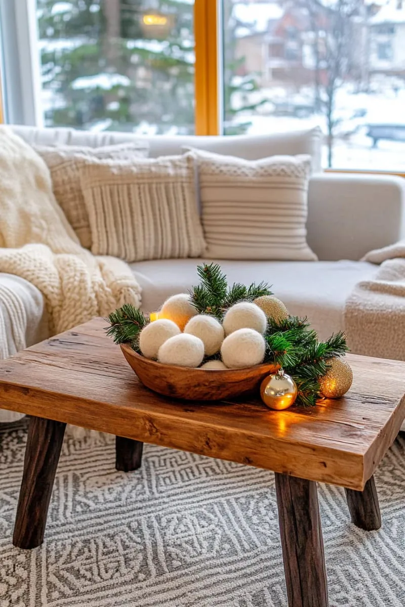 handmade felted wool snowballs in decorative wooden bowl 1
