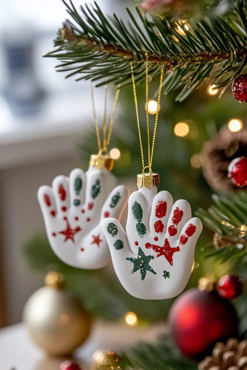 handprint christmas tree ornaments decorated with glitter and mini stars 1
