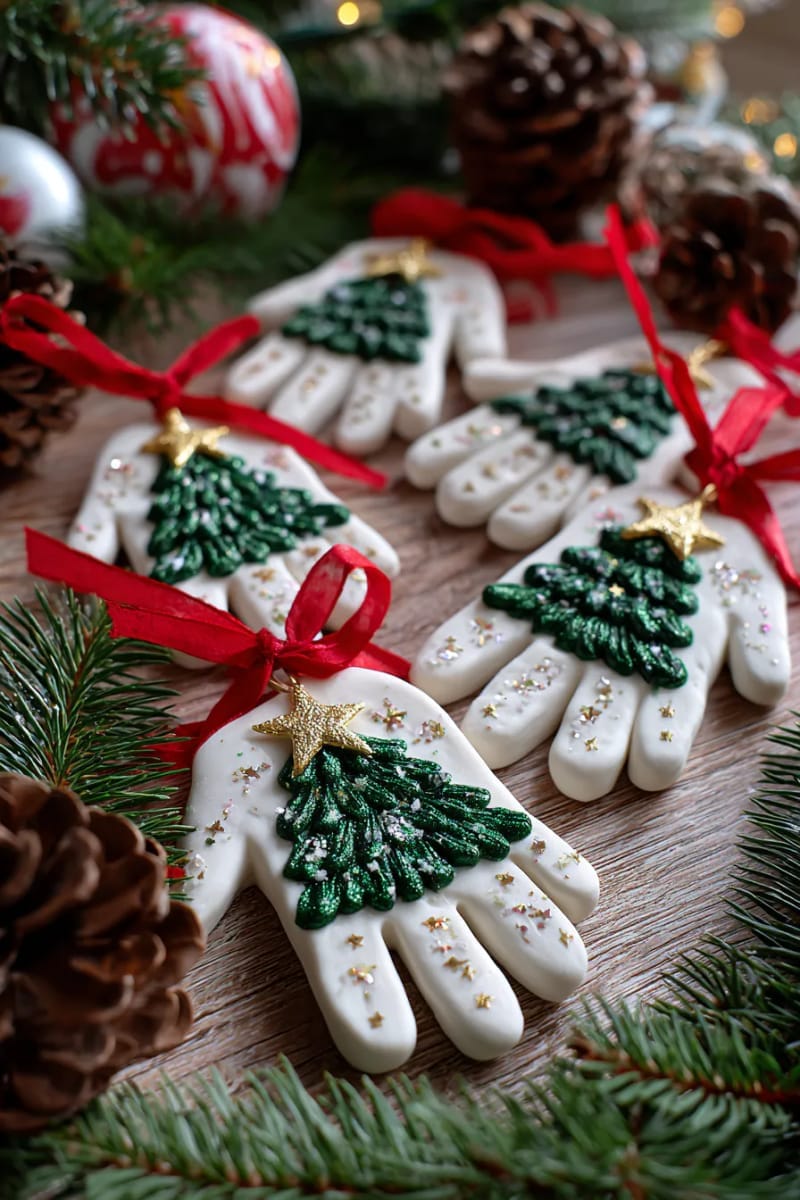handprint christmas tree ornaments decorated with glitter and mini stars 1