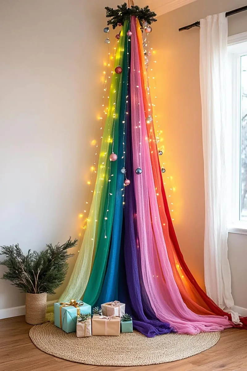 27 Sustainable Christmas Trees For Cheap and Eco-Friendly Decor 55 hang a rainbow sheer fabric cone for a whimsical, alternative christmas tree. 1