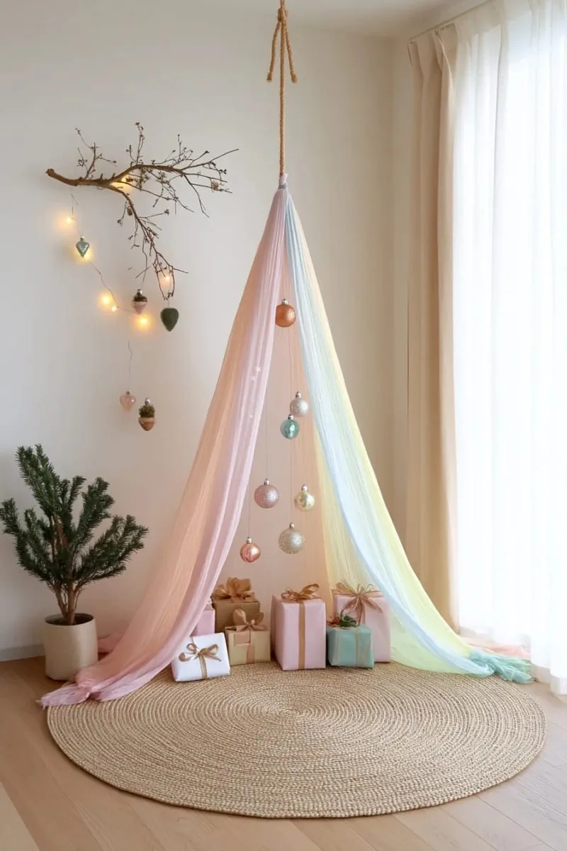 27 Sustainable Christmas Trees For Cheap and Eco-Friendly Decor 56 hang a rainbow sheer fabric cone for a whimsical, alternative christmas tree. 1