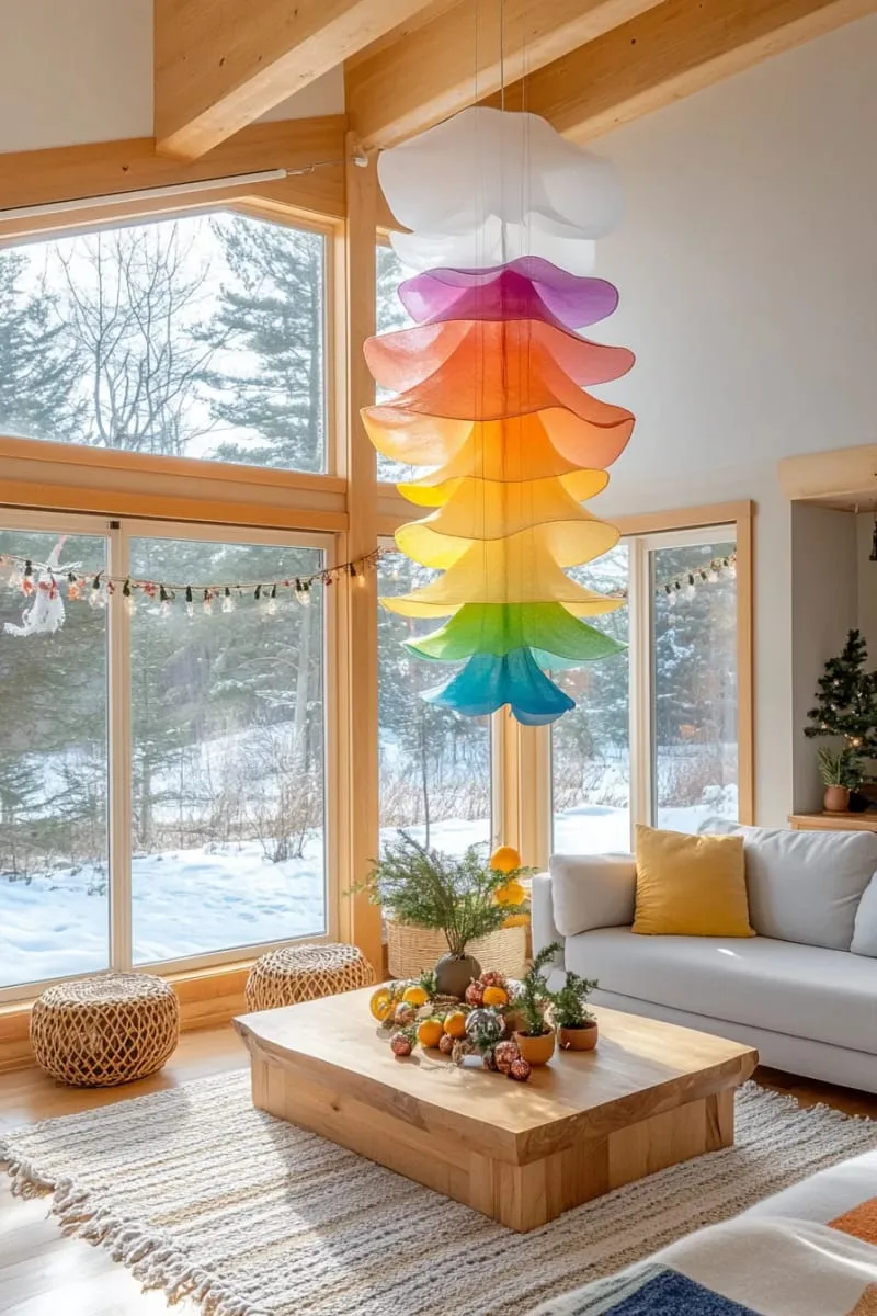 27 Sustainable Christmas Trees For Cheap and Eco-Friendly Decor 57 hang a rainbow sheer fabric cone for a whimsical, alternative christmas tree. 1