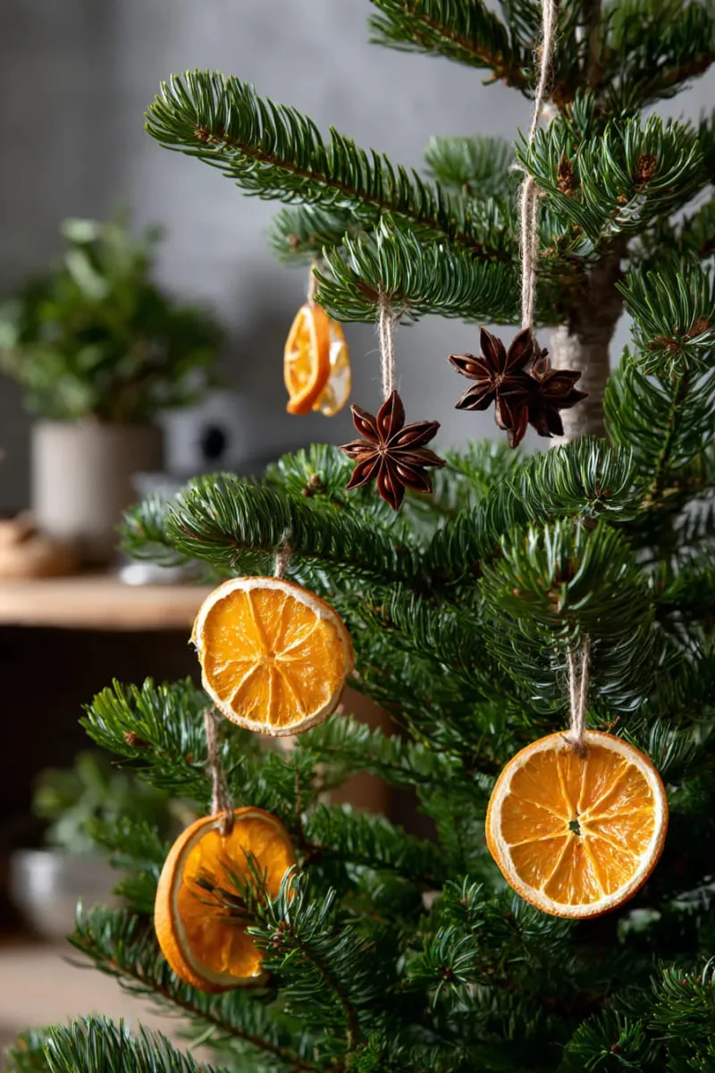 27 Sustainable Christmas Trees For Cheap and Eco-Friendly Decor 6 hang dried orange slices and star anise on a neutral woodland christmas tree. 1