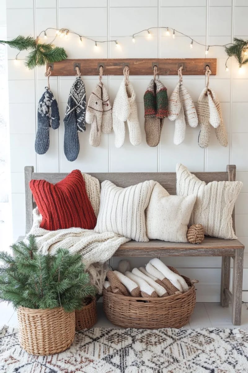 27 Stunning Winter Decor Ideas for a Stylish Retreat 46 hang knitted mittens and hats on decorative hooks as wall art. 1