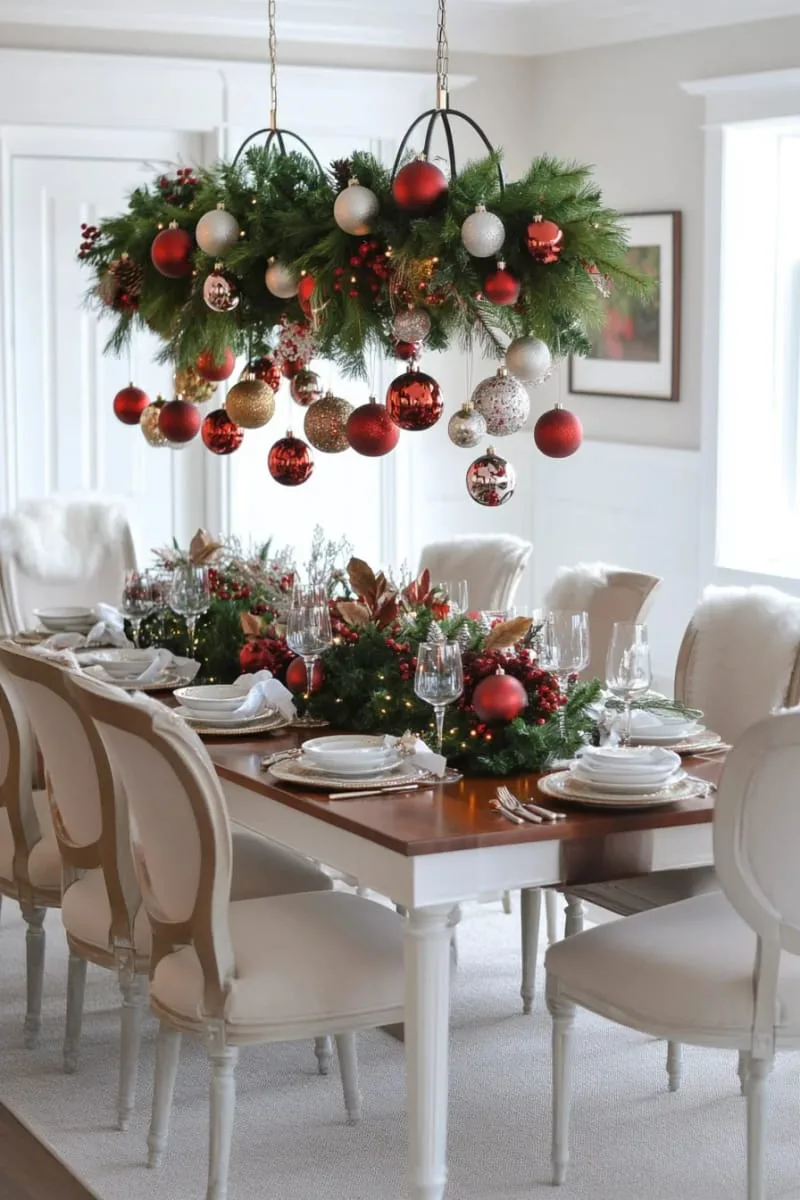 hang ornaments from your dining room chandelier with velvet ribbons. 1