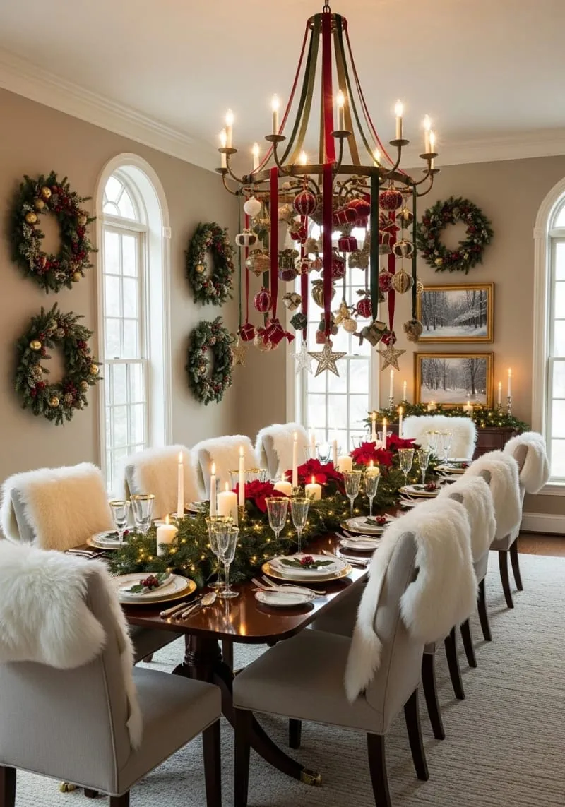 hang ornaments from your dining room chandelier with velvet ribbons. 1