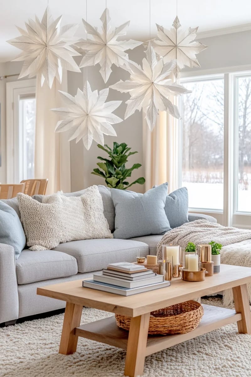 27 Stunning Winter Decor Ideas for a Stylish Retreat 8 hang oversized white paper snowflakes in clusters above your living room sofa. 1