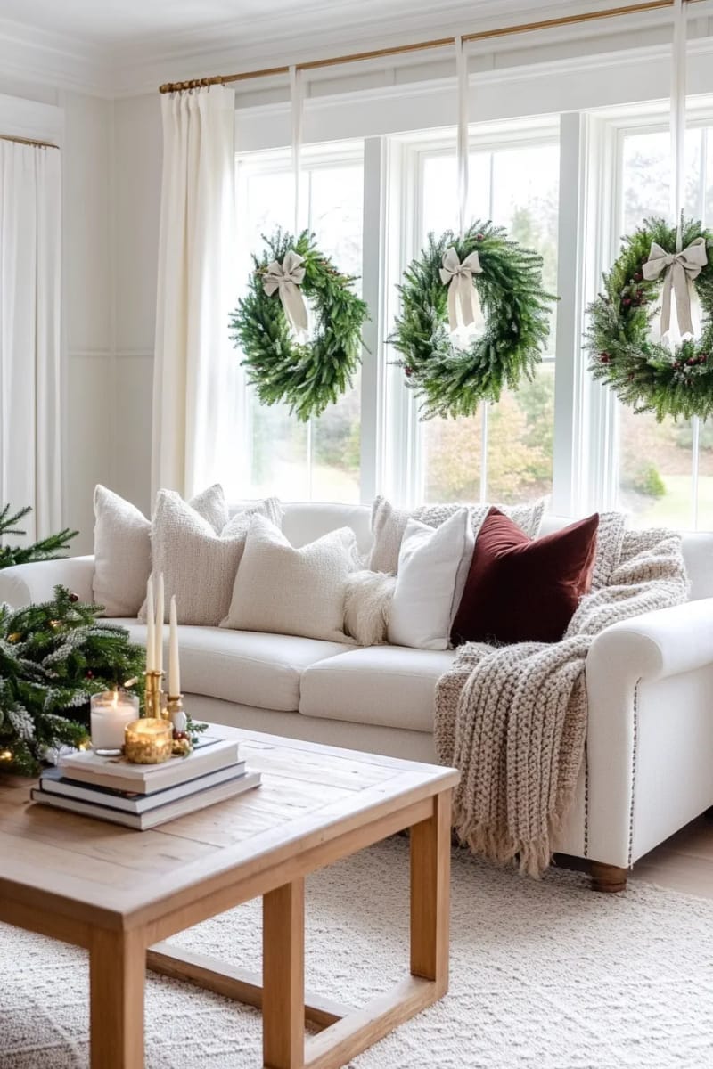 hang oversized wreaths adorned with velvet ribbons on living room windows 1