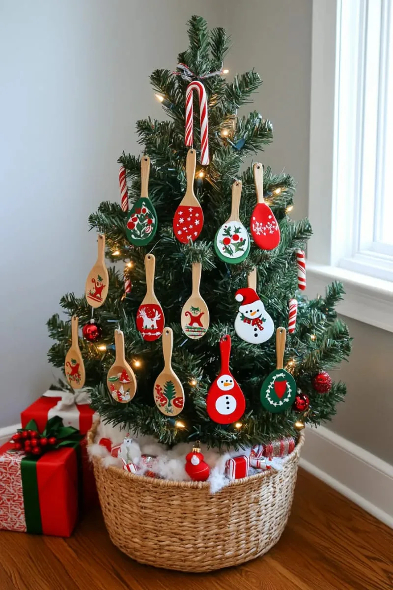 27 Sustainable Christmas Trees For Cheap and Eco-Friendly Decor 41 hang painted wooden spoons as ornaments on a kids christmas tree. 1
