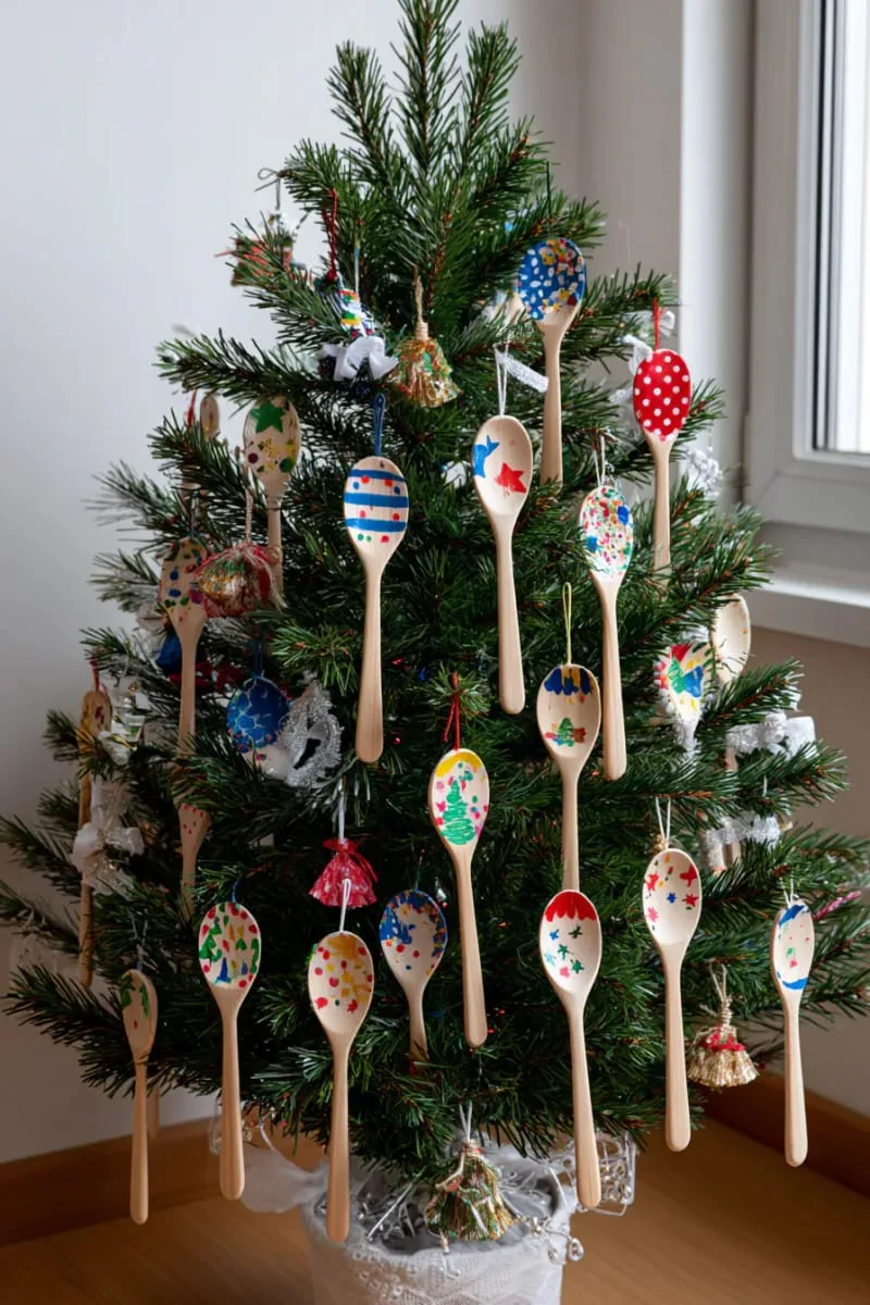 27 Sustainable Christmas Trees For Cheap and Eco-Friendly Decor 42 hang painted wooden spoons as ornaments on a kids christmas tree. 1