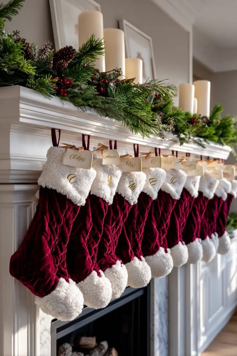 hang personalized stockings with monogrammed tags on the fireplace mantle 1
