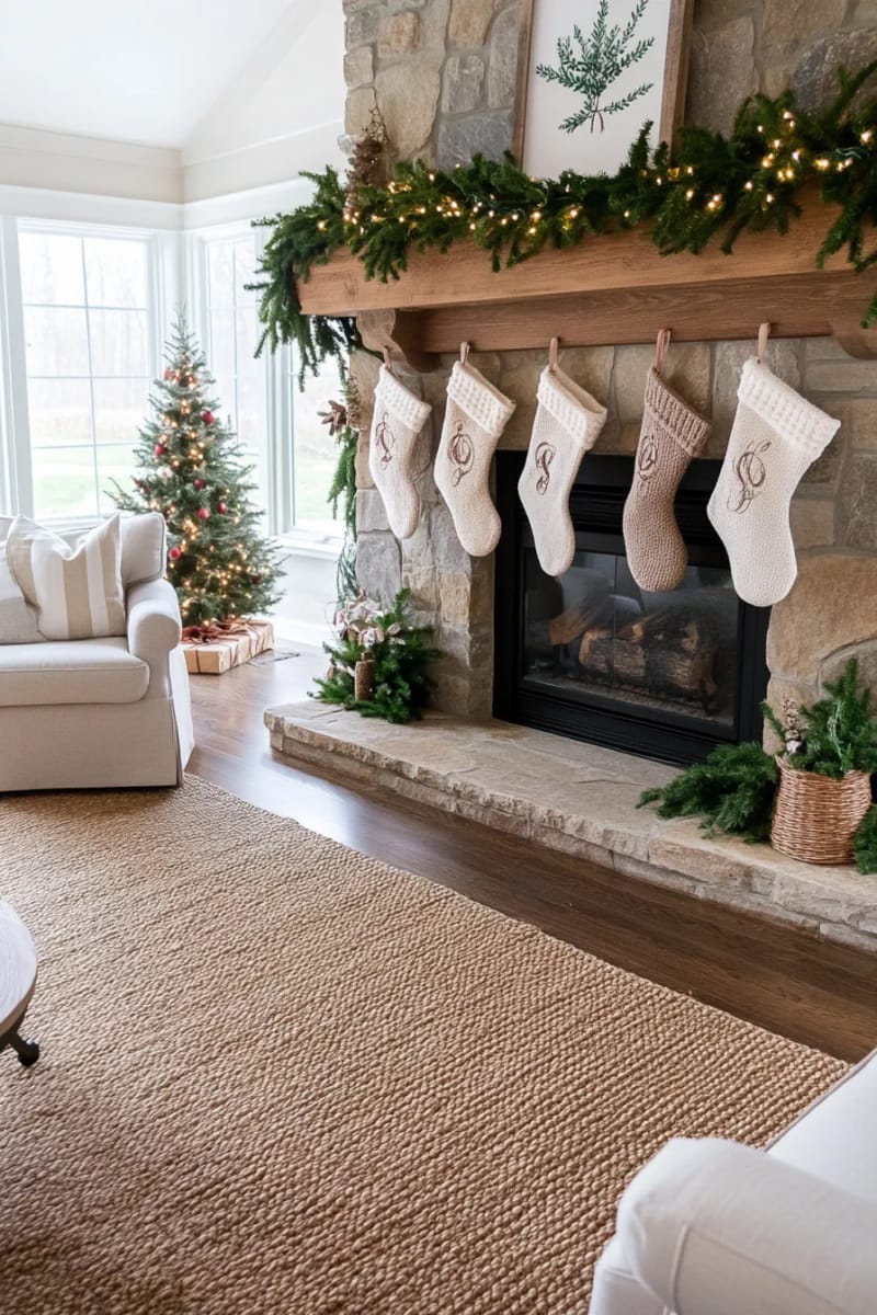 hang personalized stockings with monogrammed tags on the fireplace mantle 1