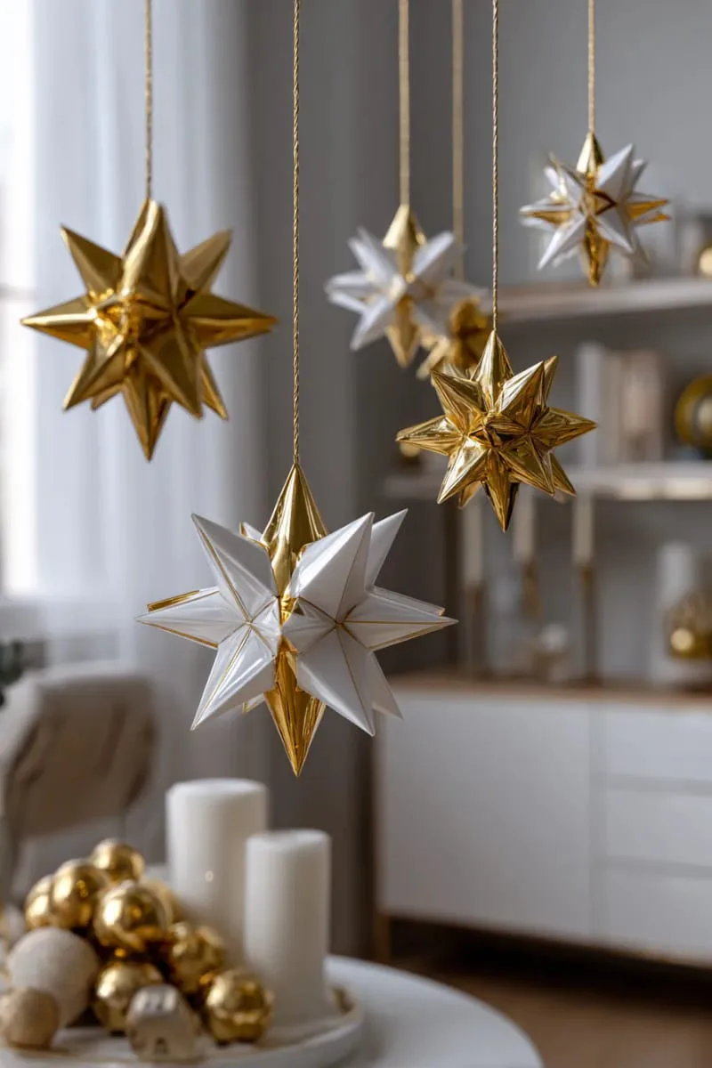 25 Best Christmas Window Decor Ideas to Try This Year 63 hanging 3d origami stars in metallic gold and white for modern elegance. 1