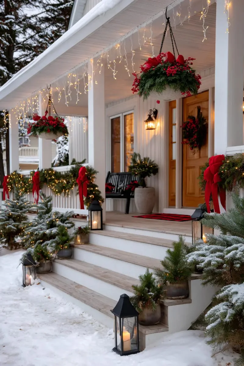 25 Gorgeous Christmas Front Porch Decor Ideas To Copy 48 hanging basket overflowing with holly, cedar branches, and bright cardinals. 1