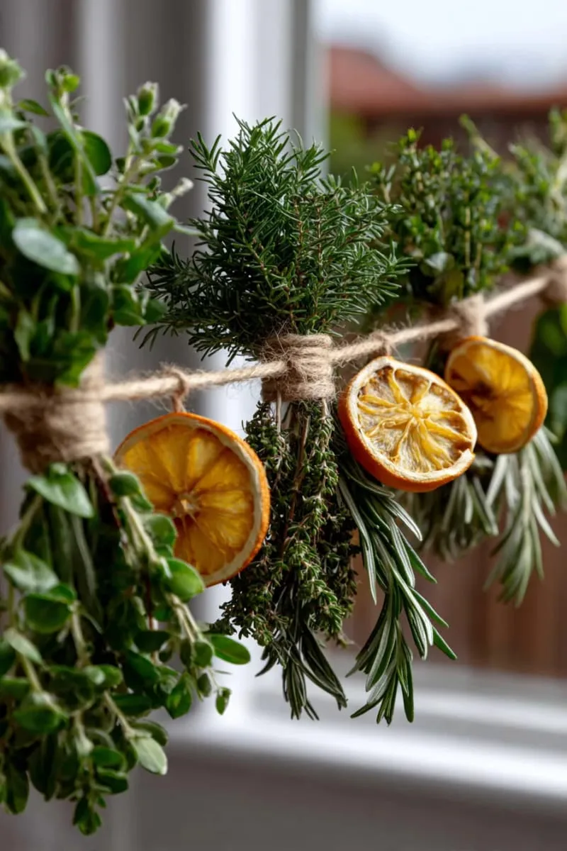 hanging bundles of herbs and dried fruit as an aromatic garland 1