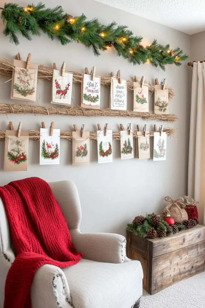 hanging christmas cards display along twine on the living room wall 1