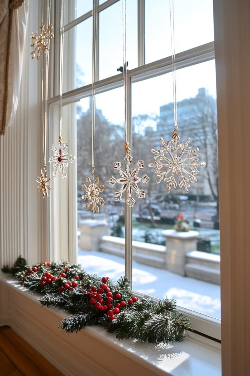 25 Best Christmas Window Decor Ideas to Try This Year 8 hanging crystal snowflakes reflecting sunlight for a magical, sparkling window effect. 1