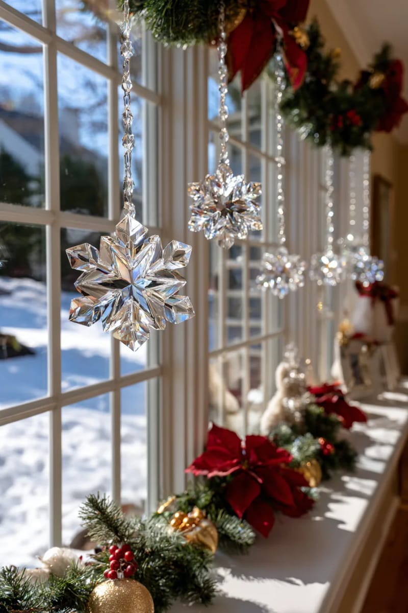 25 Best Christmas Window Decor Ideas to Try This Year 9 hanging crystal snowflakes reflecting sunlight for a magical, sparkling window effect. 1