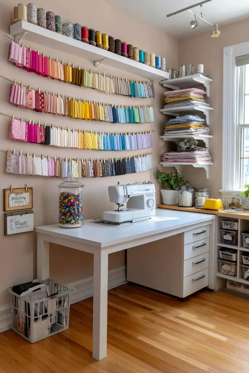 15 Sewing Room Organization Ideas to Declutter and Inspire Creativity 43 hanging fabric swatch banners for quick color-matching and decor 1