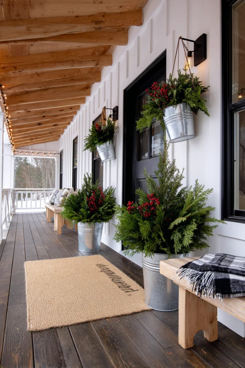 hanging galvanized buckets overflowing with evergreen branches and red berries 1
