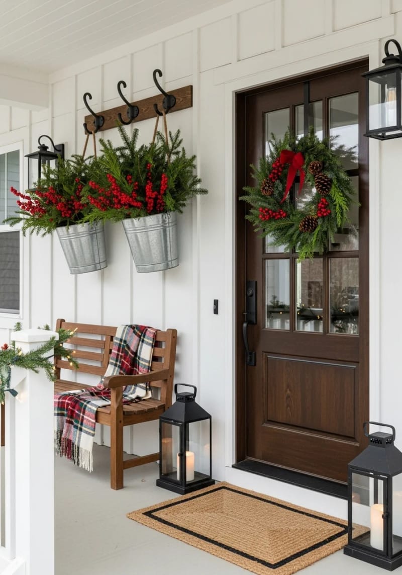 hanging galvanized buckets overflowing with evergreen branches and red berries 1