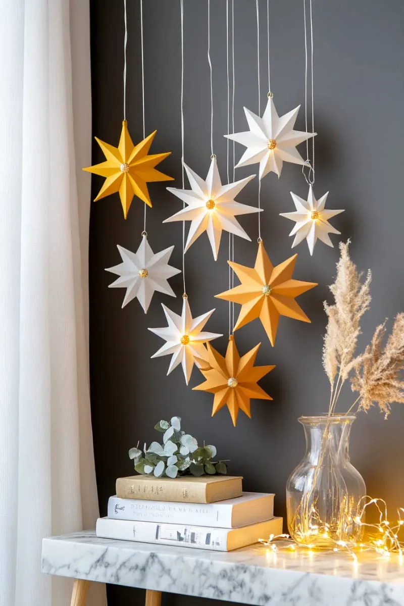 29 Best Christmas Decorations Trends You Can't Miss This Year 86 hanging geometric star ornaments in metallic tones 1
