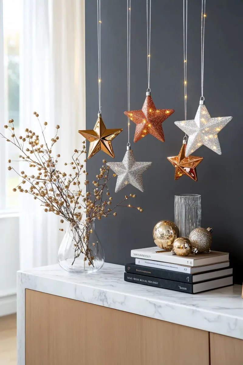 29 Best Christmas Decorations Trends You Can't Miss This Year 87 hanging geometric star ornaments in metallic tones 1