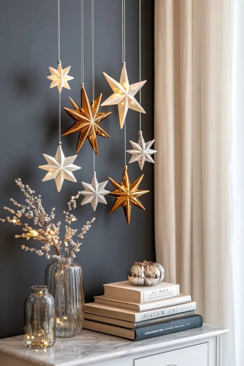 29 Best Christmas Decorations Trends You Can't Miss This Year 92 hanging geometric star ornaments in metallic tones 1