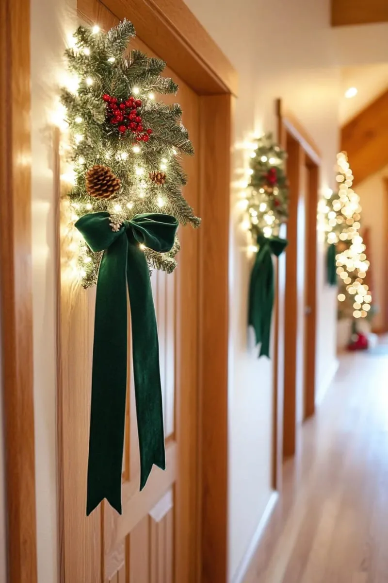 25 Traditional Christmas Decor Ideas with a Nostalgic Vintage Touch 42 hanging mistletoe tied with a thick velvet ribbon in doorways 1