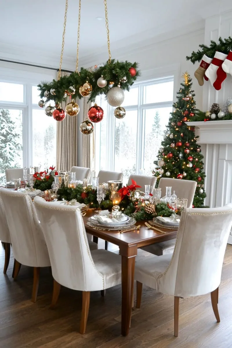 29 Elegant Christmas Party Decor Ideas to Copy This Year 102 hanging ornaments at varying heights above the dining table chandelier 1