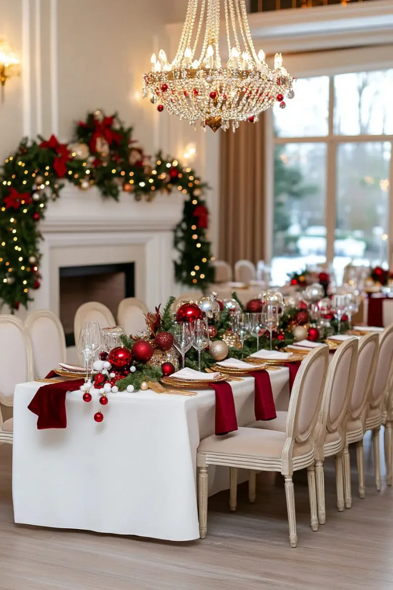 29 Elegant Christmas Party Decor Ideas to Copy This Year 103 hanging ornaments at varying heights above the dining table chandelier 1