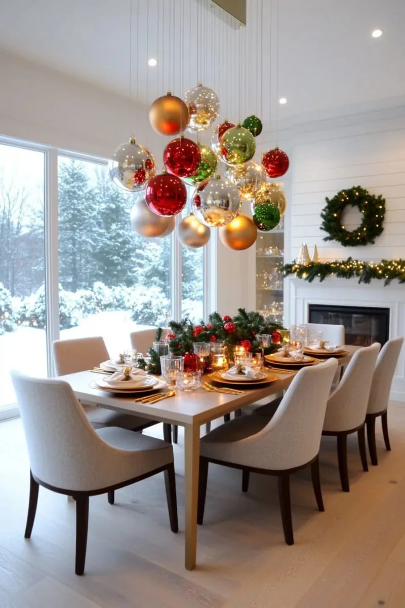 29 Elegant Christmas Party Decor Ideas to Copy This Year 106 hanging ornaments at varying heights above the dining table chandelier 1
