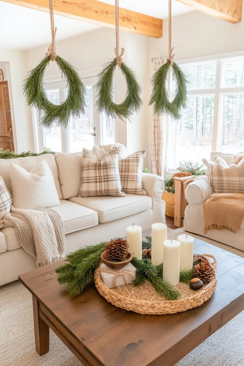 hanging pine branch bundles tied with twine and acorn accents 1