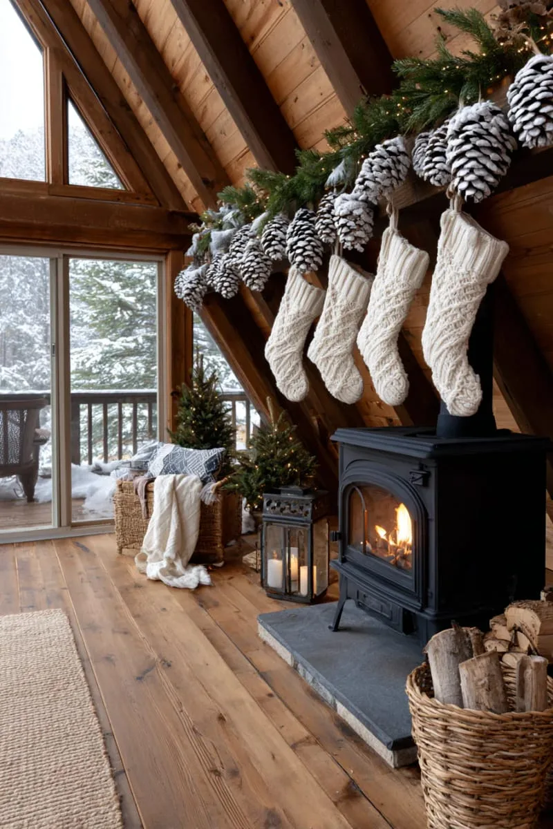 hanging pinecone clusters dipped in white paint for snowy effect 1