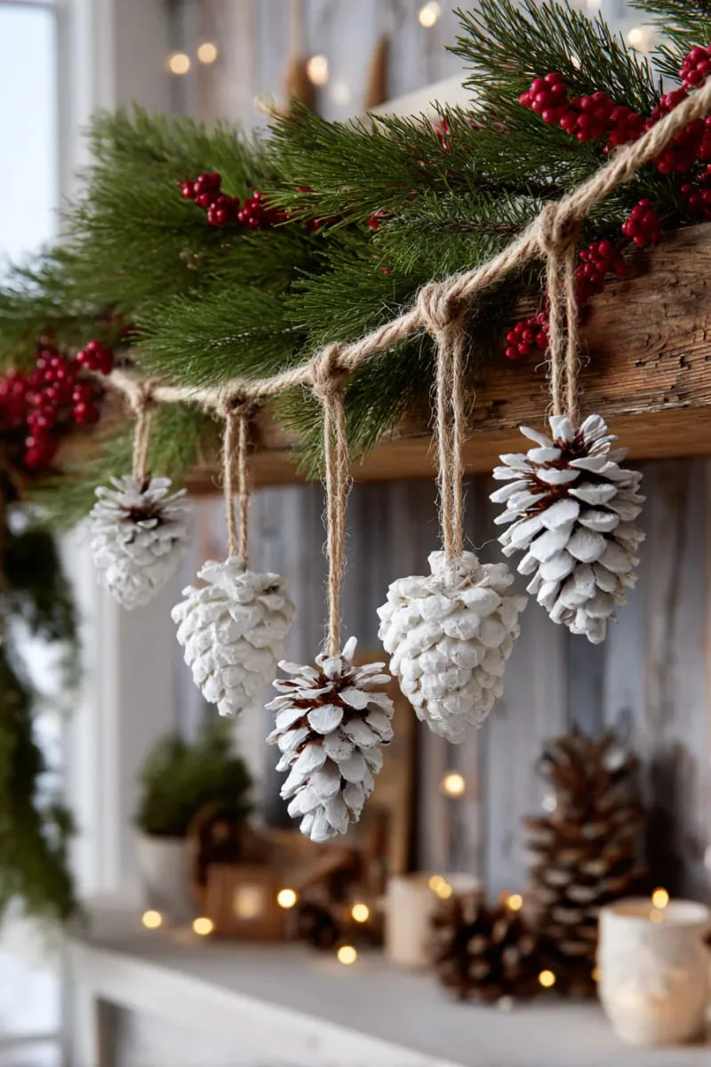 hanging pinecone clusters dipped in white paint for snowy effect 1