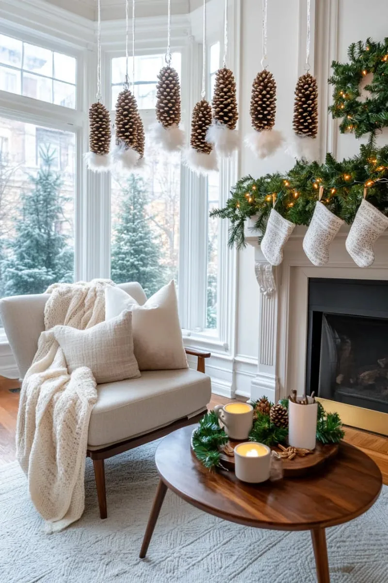 hanging pinecone clusters dipped in white paint for snowy effect 1