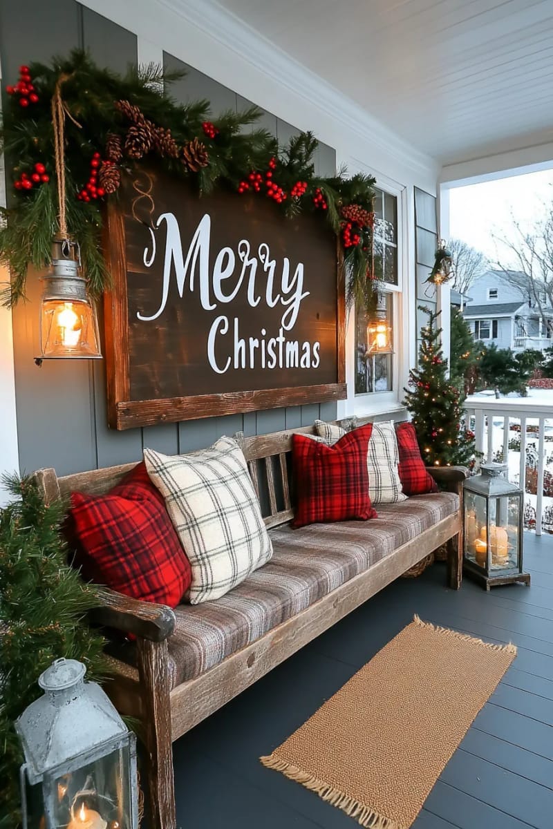 hanging rustic wooden sign with “merry christmas” and pinecone garland. 1